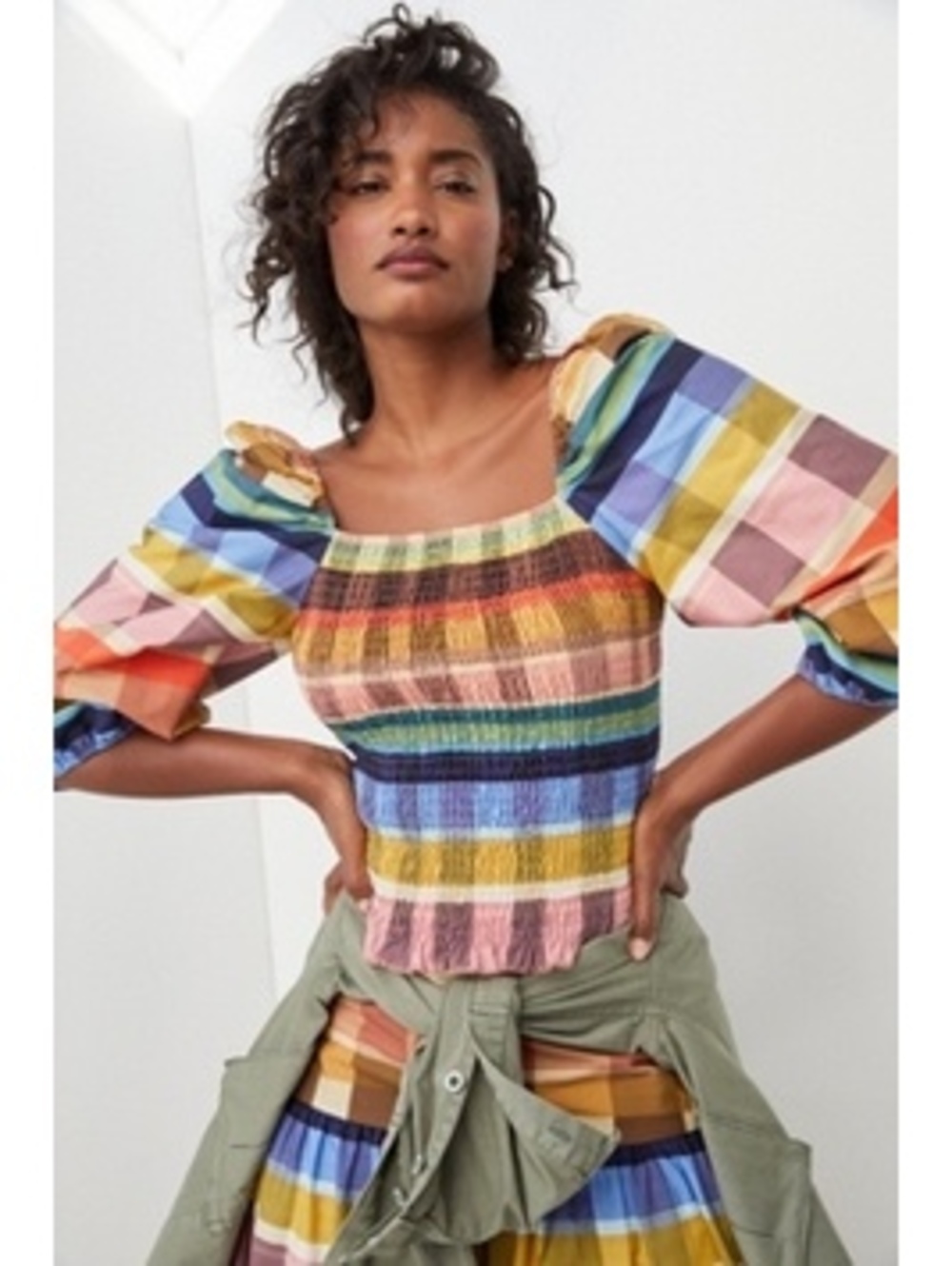 Farm Rio for Anthropologie Multicolor Striped Puff Sleeve Smocked Crop Top XS